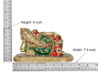Brassaura® Brass Relaxing Ganesha Statue | 4 Inch Multicolor Ganpati Idol | Handcrafted Brass Murti for Home & Mandir