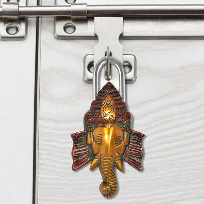 Brassaura® Lord Ganesha Face Brass Door Lock | Multicolor Handcrafted Finish | Height 8 Inches