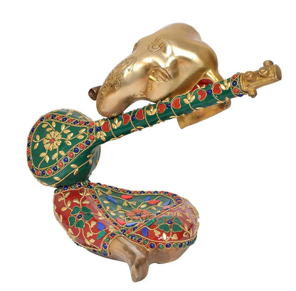 Brassaura® Brass Ganesha Playing Sitar Statue | Height 9 Inches | Multicolor Decorative Ganpati Idol for Home & Office