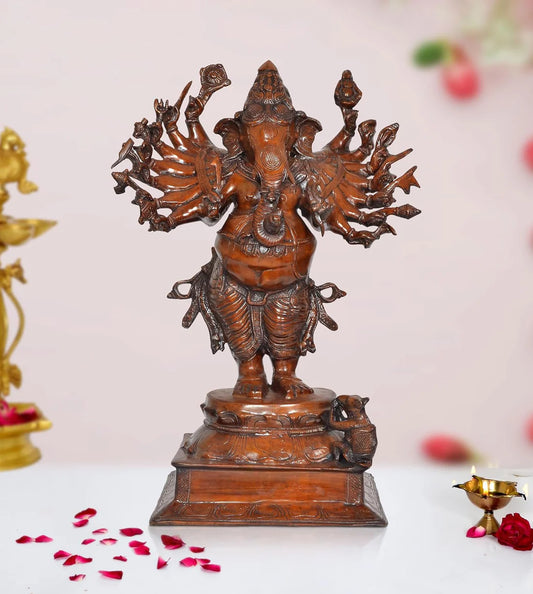 Brassaura® Brass Vira Ganesha Statue (16 Hands) | Height 23 Inches