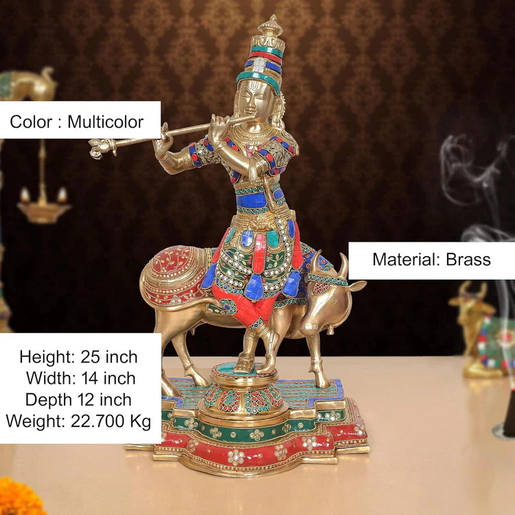 Brassaura® Krishna Cow Brass Statue with Meenakari Stonework | Height 25 Inches
