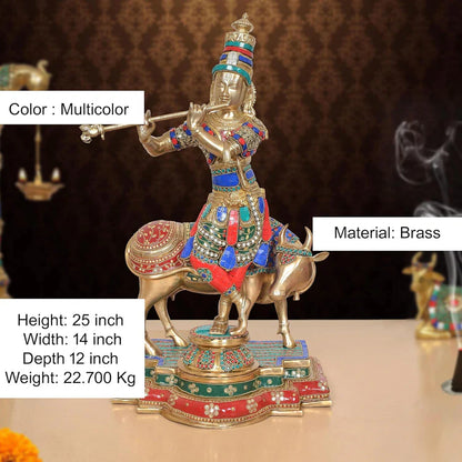 Brassaura® Krishna Cow Brass Statue with Meenakari Stonework | Height 25 Inches