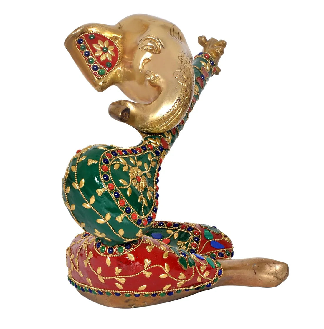 Brassaura® Brass Ganesha Playing Sitar Statue | Height 9 Inches | Multicolor Decorative Ganpati Idol for Home & Office