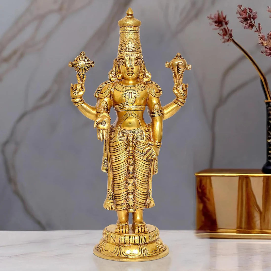ब्रासोरा® वृंदावन वेणुगोपाल कृष्ण पीतल की प्रतिमा मोर के साथ | एंटीक नीला और सुनहरा रंग | ऊँचाई 20 इंच
