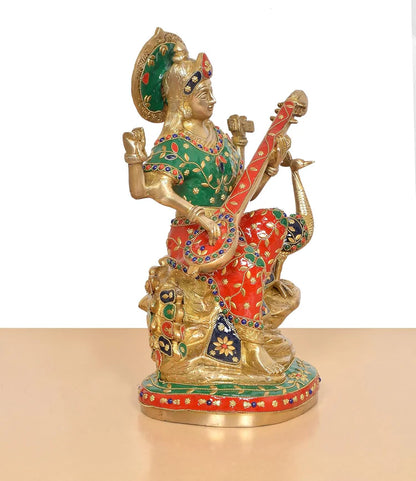 Brassaura® Multicolor Goddess Saraswati Brass Statue with Veena | Handcrafted Vidya Devi Idol | Height 15 Inches