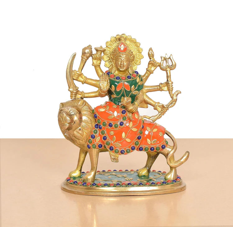 Brassaura® Multicolor Maa Durga Brass Statue on Lion | Handcrafted Devi Idol with Stone Work | Height 7.5 Inches