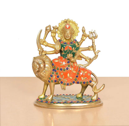 Brassaura® Multicolor Maa Durga Brass Statue on Lion | Handcrafted Devi Idol with Stone Work | Height 7.5 Inches