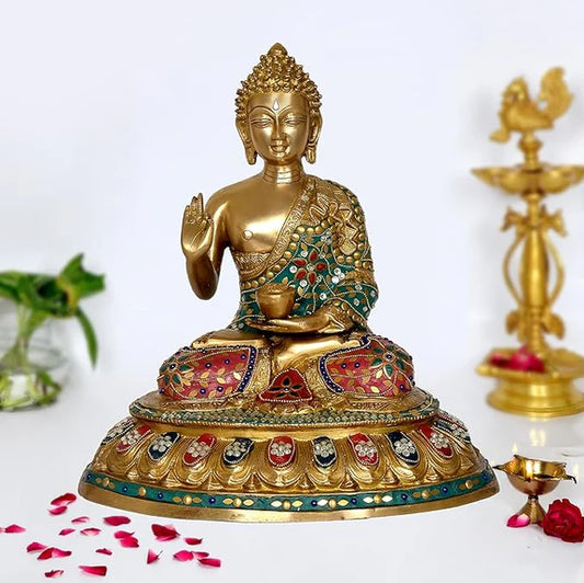 Brassaura® Brass Buddha Statue | 15 Inch Multicolor Buddha Idol | Handcrafted Brass Murti for Home & Meditation Décor