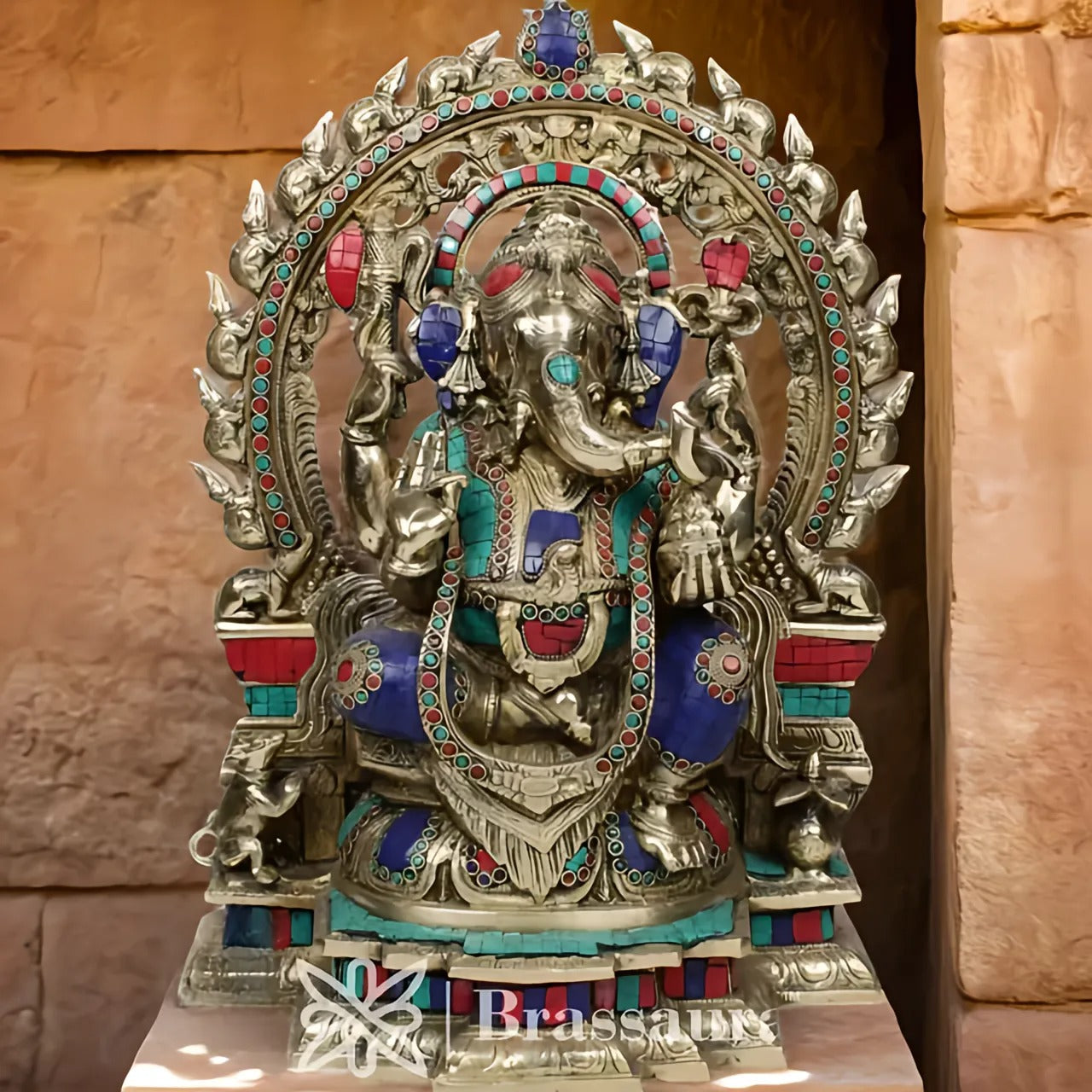 Brassaura™ Brass Gem Stone Work Ring Ganesha Statue for Home Décor & Gift | Weight 16.8 Kgs | Height 18 Inches