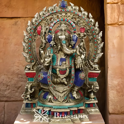Brassaura™ Brass Gem Stone Work Ring Ganesha Statue for Home Décor & Gift | Weight 16.8 Kgs | Height 18 Inches