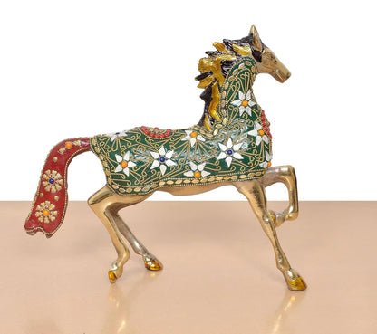 Brassaura® Multicolor Brass Horse Statue | Decorative Running Horse Showpiece with Stone Work | Height 10.5 Inches