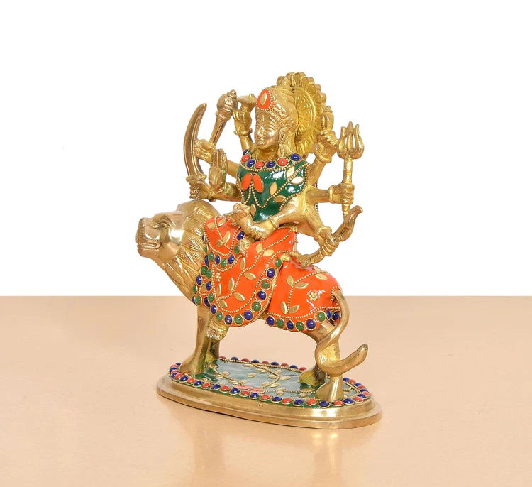 Brassaura® Multicolor Maa Durga Brass Statue on Lion | Handcrafted Devi Idol with Stone Work | Height 7.5 Inches