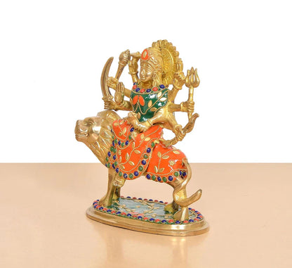 Brassaura® Multicolor Maa Durga Brass Statue on Lion | Handcrafted Devi Idol with Stone Work | Height 7.5 Inches