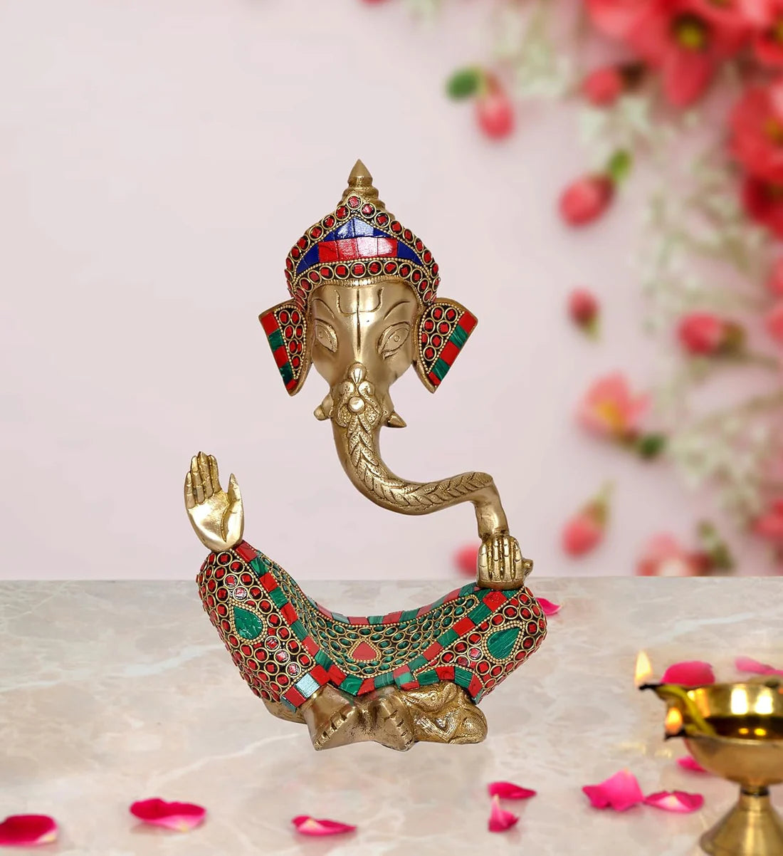 Brassaura® Modern Ganesha Brass Idol with Stonework | Pure Brass | Height 10 Inches