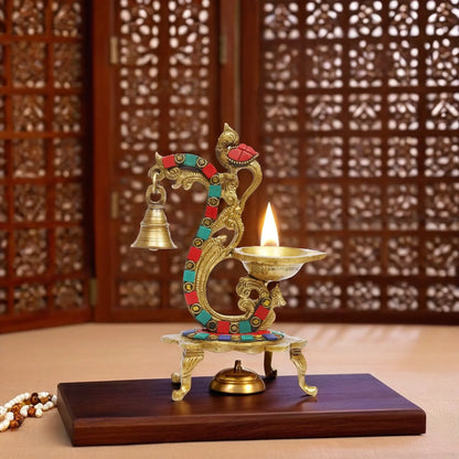 Brass Gem Stone Work Diya Statue For Home Decor Weight 0.950 Kgs And Height 20 Cms