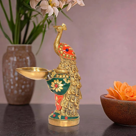 Brassaura® Brass Peacock Diya Statue | Height 7 Inches | Multicolor Oil Lamp Showpiece for Home & Office