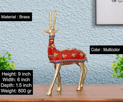 Brassaura® Multicolor Brass Deer Statue | Handcrafted Decorative Deer Showpiece | Height 9 Inches & Weight 800 gms