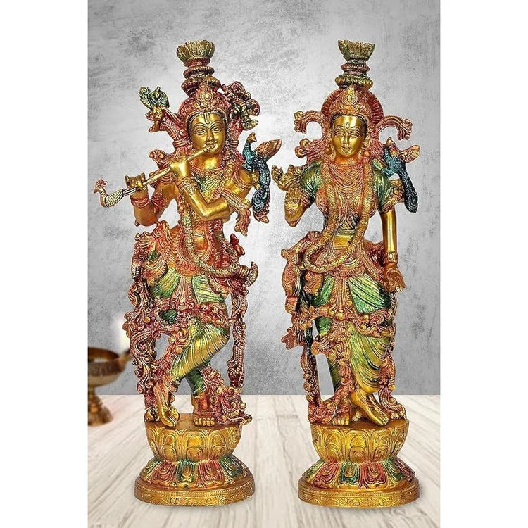 Brassaura® Brass Radha Krishna Statue Pair | 13.5 Inch Multicolor Idols | Handcrafted Brass Murti Set for Home & Temple