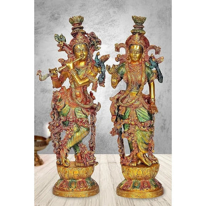 Brassaura® Brass Radha Krishna Statue Pair | 13.5 Inch Multicolor Idols | Handcrafted Brass Murti Set for Home & Temple