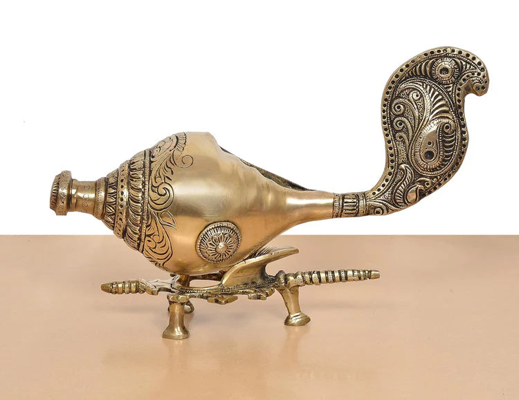 Brassaura® Decorative Brass Shankh Showpiece | Handcrafted Conch Shell Sculpture for Spiritual Décor | Width 14 Inches