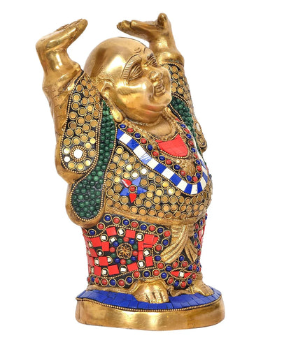 Brassaura® Brass Laughing Buddha Statue | Height 11 Inches | Multicolor Standing Buddha Idol for Home & Office