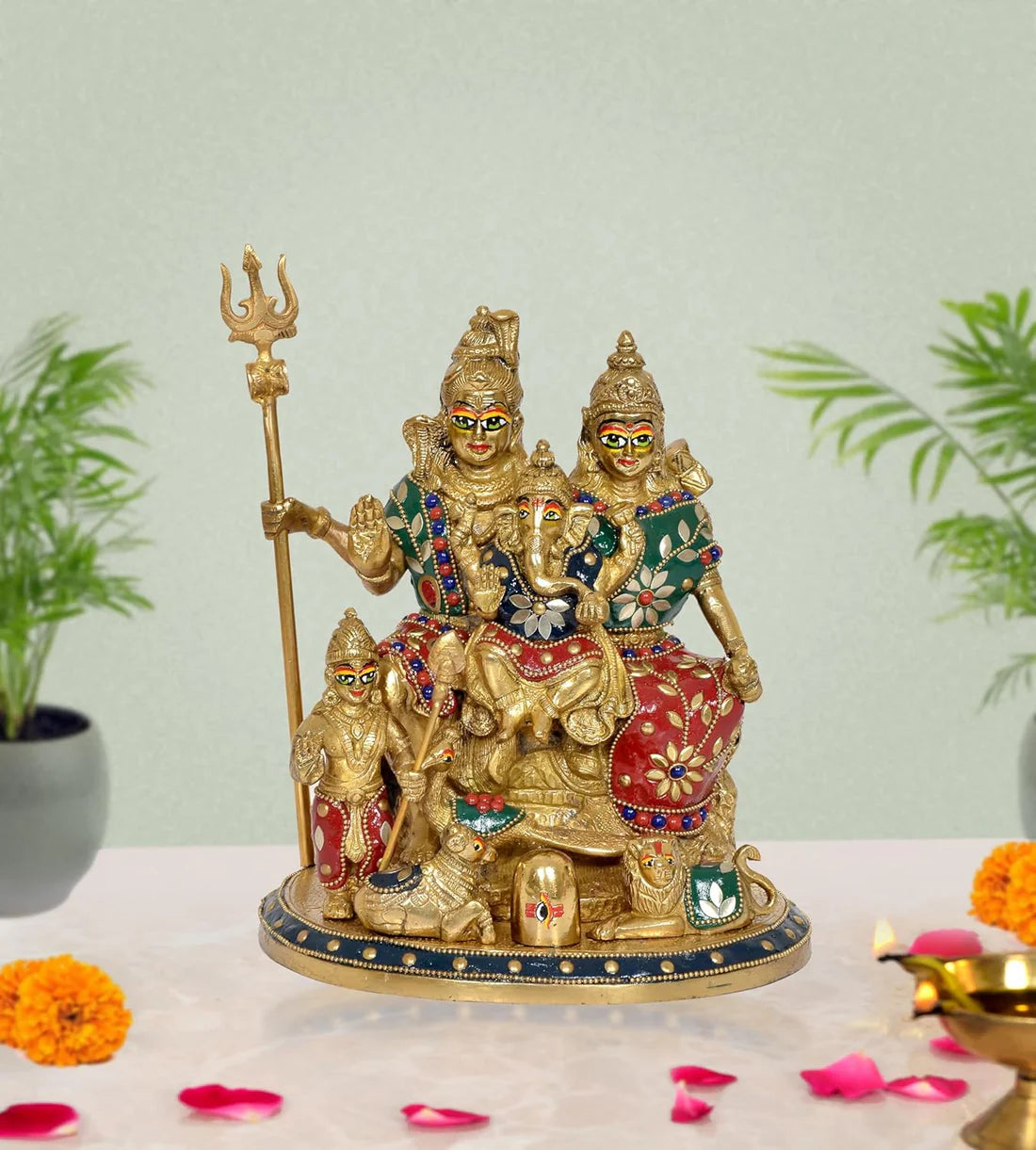 Brassaura® Brass Shiv Parivar Statue | Height 10 Inches | Multicolor Shiva Family Idol for Home & Mandir