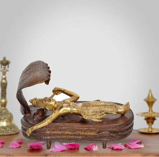 Brassaura® Brass Bhagawan Vishnu in Yoga Nidra Idol | 6.5 Inch Golden Vishnu Statue | Handcrafted Brass Murti for Home & Mandir