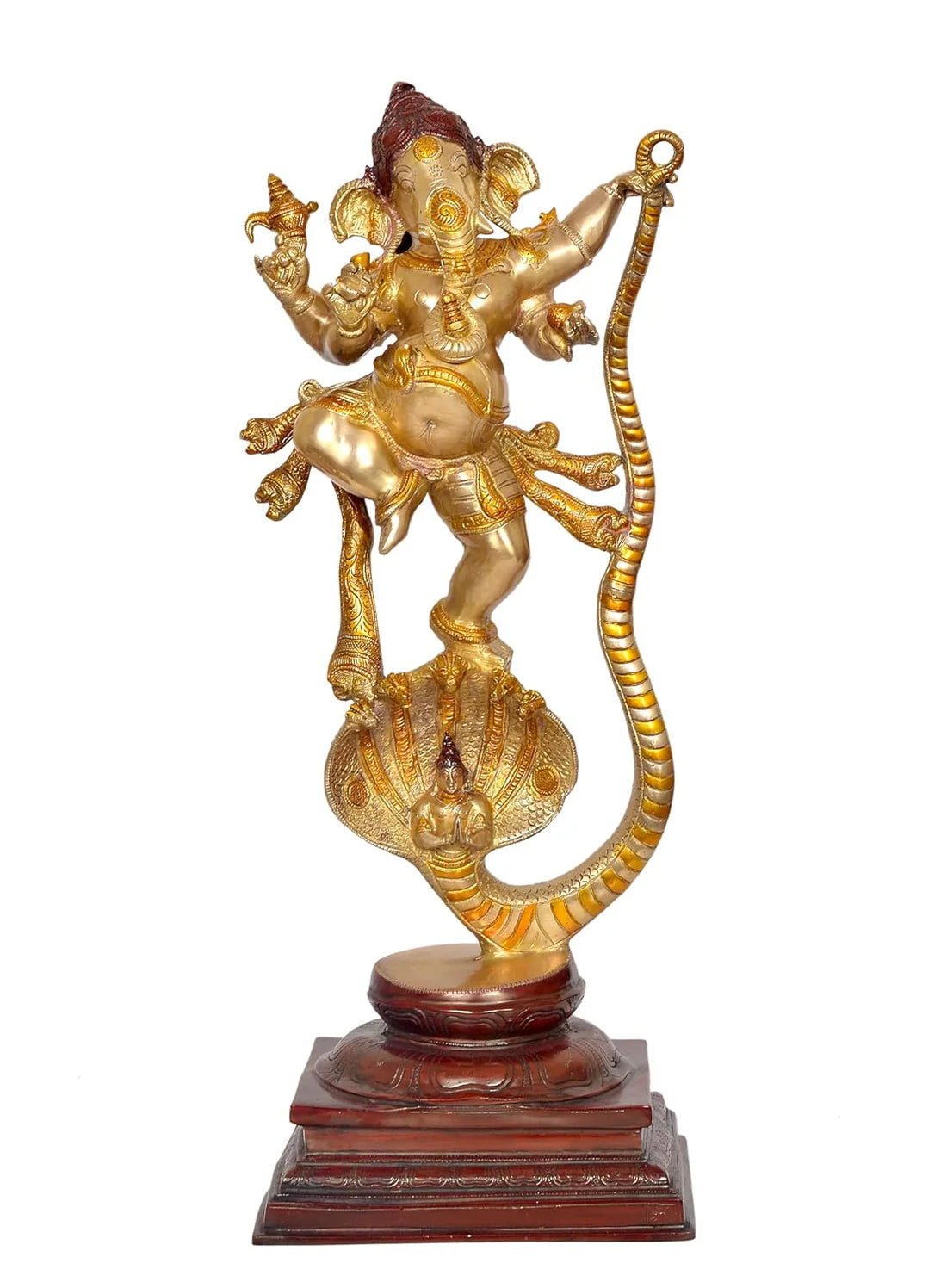 Brassaura® Brass Ganesha Dancing on Sheshnag Statue | Height 26 Inches | Multicolor Ganpati Idol for Home & Mandir