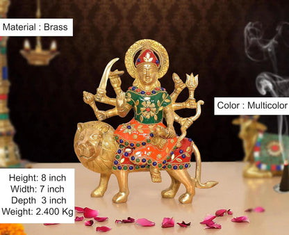 Brassaura® Multicolor Maa Durga Brass Statue on Lion | Handcrafted Devi Idol with Stone Work | Height 8 Inches