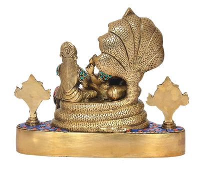 Brassaura® Brass Lakshmi Vishnu Statue | Height 9.5 Inches | Gold Finish Vishnu on Sheshnag Idol for Home & Mandir