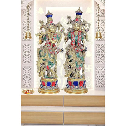 ब्रासोरा® वृंदावन वेणुगोपाल कृष्ण पीतल की प्रतिमा मोर के साथ | एंटीक नीला और सुनहरा रंग | ऊँचाई 20 इंच