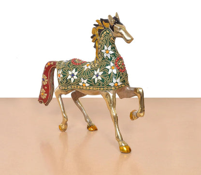 Brassaura® Multicolor Brass Horse Statue | Decorative Running Horse Showpiece with Stone Work | Height 10.5 Inches