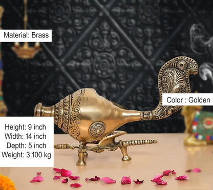Brassaura® Decorative Brass Shankh Showpiece | Handcrafted Conch Shell Sculpture for Spiritual Décor | Width 14 Inches