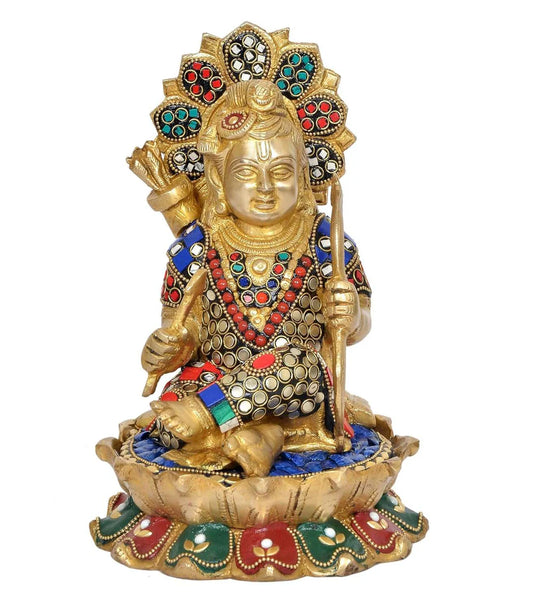 Brassaura® Brass Ram Lala Sitting Idol | 9 Inch Brass Ram Statue with Stonework | Handcrafted Murti for Home & Temple