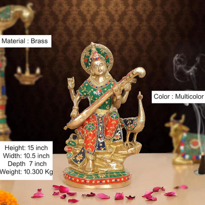 Brassaura® Multicolor Goddess Saraswati Brass Statue with Veena | Handcrafted Vidya Devi Idol | Height 15 Inches