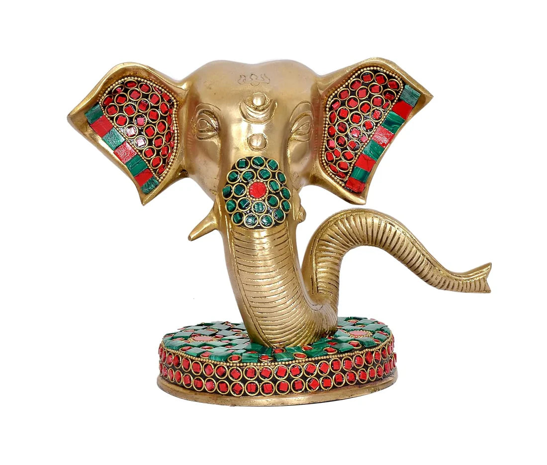 Brassaura® Modern Ganesha Head Brass Idol with Stone Work | Decorative Spiritual Showpiece | Height 6.5 Inches