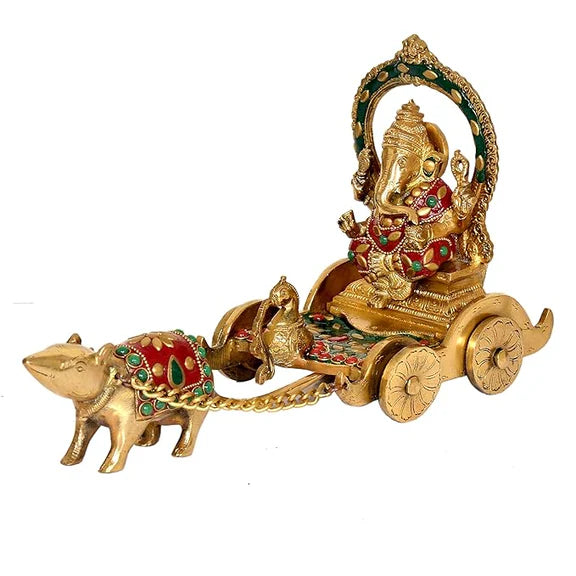 Brassaura® Brass Ganesha Rath Chariot Statue Idol | Length 12 Inches