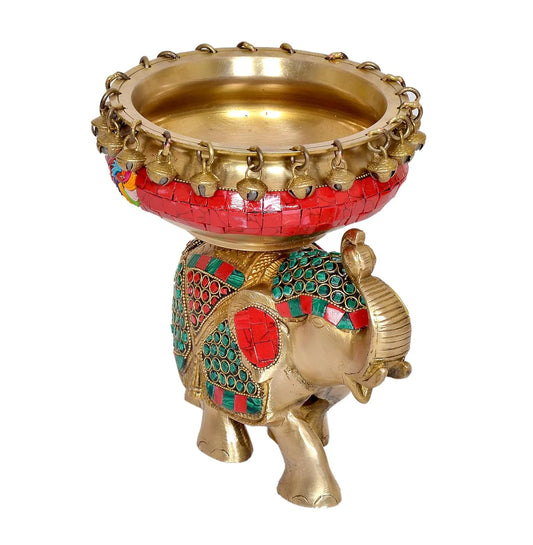 Brassaura® Brass Elephant with Urli & Ghungroo Work | Decorative Brass Showpiece | Height 7.5 Inches