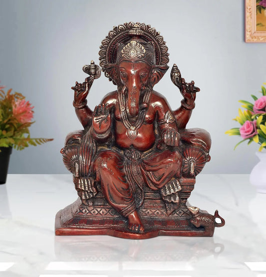 Brassaura® Brass Lord Ganesha Idol | 10 Inch Multicolor Ganpati Statue | Handcrafted Brass Murti for Home & Mandir