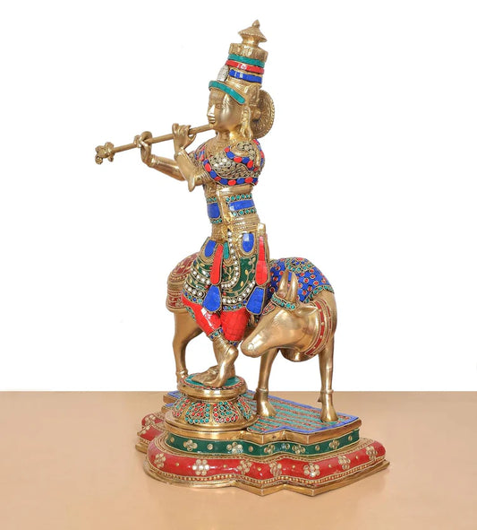 Brassaura® Krishna Cow Brass Statue with Meenakari Stonework | Height 25 Inches