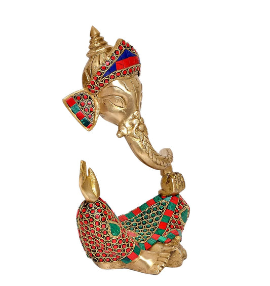 Brassaura® Modern Ganesha Brass Idol with Stonework | Pure Brass | Height 10 Inches