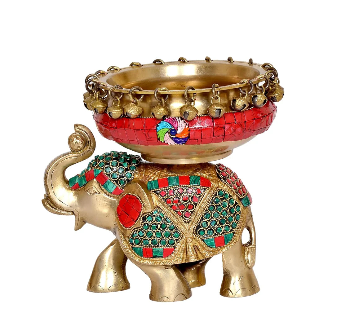 Brassaura® Brass Elephant with Urli & Ghungroo Work | Decorative Brass Showpiece | Height 7.5 Inches