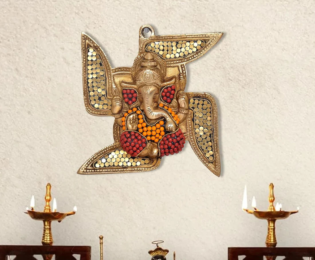 Brassaura® Brass Ganesha Swastik Wall Hanging | Height 8 Inches | Multicolor Decorative Wall Décor for Home & Mandir