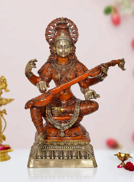 Brassaura® Brass Maa Saraswati Idol | 30 Inch Large Brass Saraswati Statue | Handcrafted Murti for Home & Temple