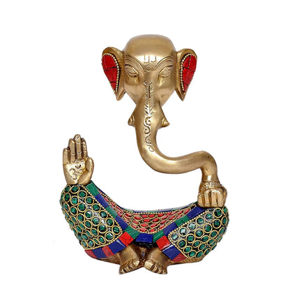 Brassaura® Modern Ganesha Brass Idol with Multicolor Stone Work | Artistic Home Décor Showpiece | Height 6 Inches