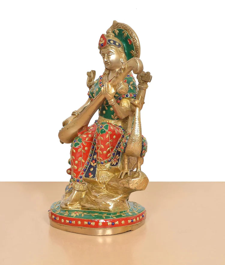 Brassaura® Multicolor Goddess Saraswati Brass Statue with Veena | Handcrafted Vidya Devi Idol | Height 15 Inches
