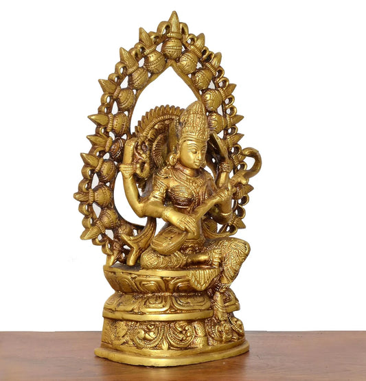 Brassaura® Brass Maa Saraswati Idol | 10.5 Inch Handcrafted Brass Saraswati Statue | Divine Murti for Home & Temple