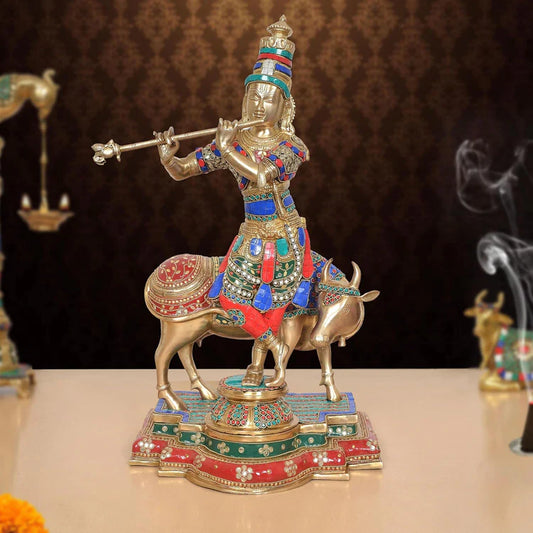 Brassaura® Krishna Cow Brass Statue with Meenakari Stonework | Height 25 Inches