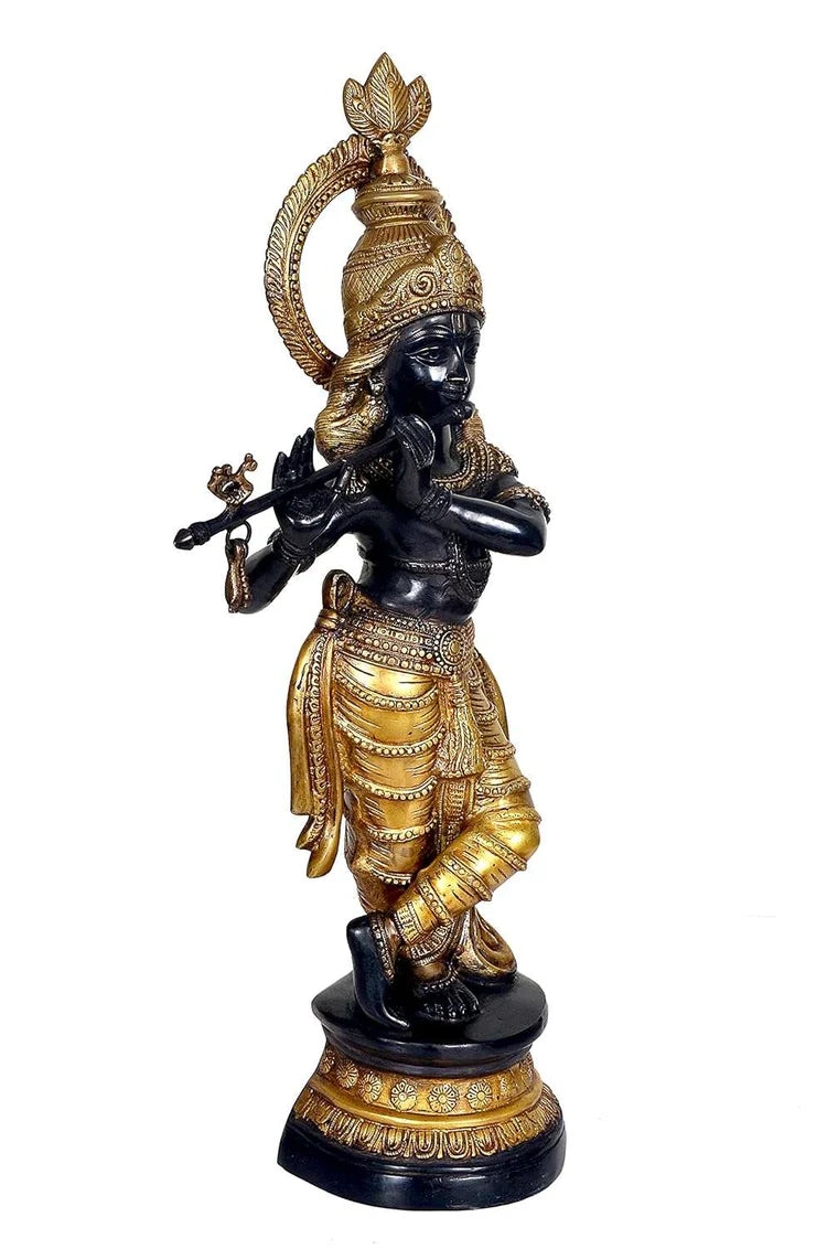 ब्रासोरा® वृंदावन वेणुगोपाल कृष्ण पीतल की प्रतिमा मोर के साथ | एंटीक नीला और सुनहरा रंग | ऊँचाई 20 इंच