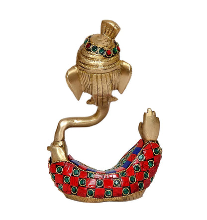 Brassaura® Modern Ganesha Safa Brass Idol with Stone Work | Decorative Spiritual Showpiece | Height 7 Inches